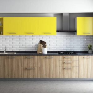Walnut and Yellow Contemporary Open Kitchen Design