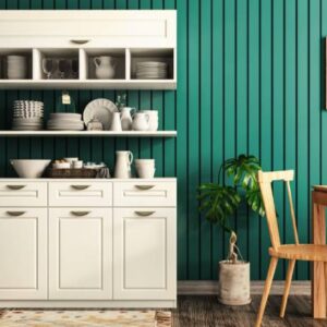 Green Fluted Wall Panels Wall Design for a Farmhouse-Style Dining Room