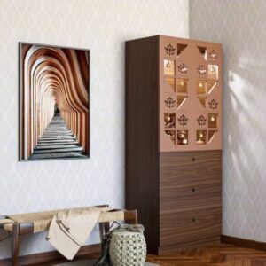 Mid Century Modern Beige Crivelli Trellis Wallpaper Design for Pooja Room
