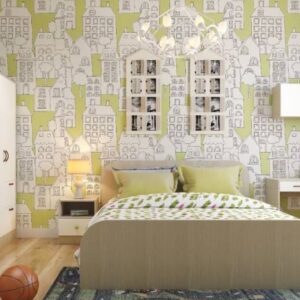 Modern Doodle Art Wallpaper Design in Green and White for Kids’ Bedroom