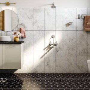 White and Grey Matte Ceramic Tiles Design for Bathroom