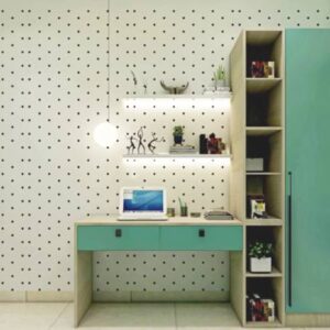 Modern Wood And Aqua Green Study Room Design With Polka Dot Wallpaper