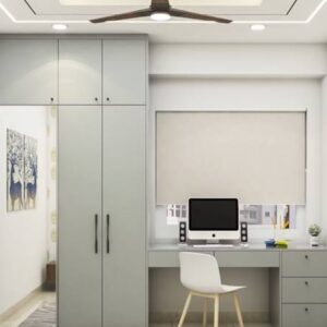 Mid-Century Modern Dove Grey Study Room Design With A White Chair