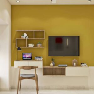 Mid-Century Modern Study Room Design With Open Wooden Wall Shelf