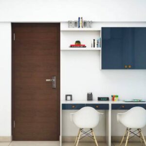 Modern Shore Blue And Frosty White Study Room Design With Two White Chairs