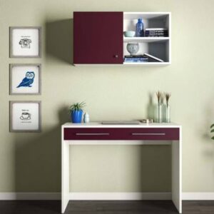 Contemporary Home Office Design with Patterned Rug and Maroon Door