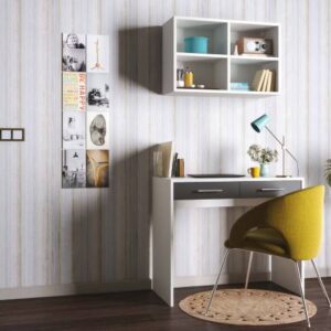 Modern Home Office Design with Striped Wallpaper and Wooden Flooring