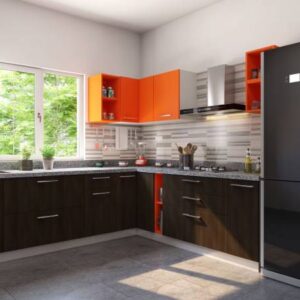 Walnut and Orange Modern L-Shaped Kitchen Design