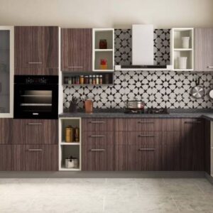 White and Walnut Contemporary L-Shaped Kitchen Design