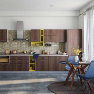 Walnut and Yellow Contemporary Open Kitchen Design