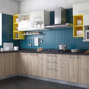 Walnut, White and Yellow Contemporary L-Shaped Kitchen Design