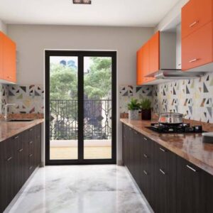 Walnut and Orange Contemporary Parallel Kitchen Design
