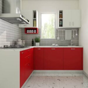 Modern L-Shaped Kitchen Design with Red and White Units