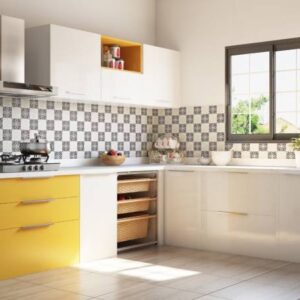Modern L-Shaped Kitchen Design with White and Yellow Cabinets