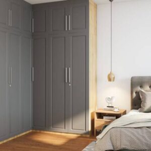 Grey and Wood Contemporary L-Shaped 6-Door Swing Wardrobe Design