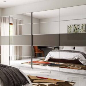 Contemporary 4 Door Sliding Wardrobe Design with Mirror and Grey Finish