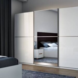 White Modern Sliding Wardrobe Design in High Gloss Acrylic Finish and Custom Options