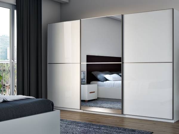 White Modern Sliding Wardrobe Design in High Gloss Acrylic Finish and Custom Options