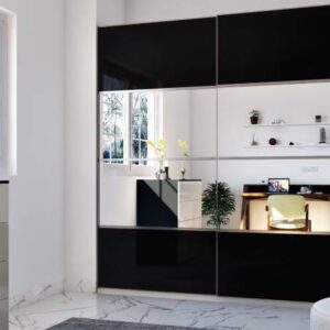 Modern Black Sliding Wardrobe Design with Glossy Acrylic Finish