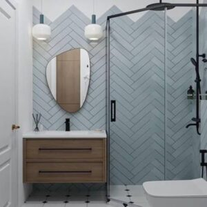 Scandinavian Bathroom Tiles with Blue Tiles and Glass Shower Enclosure