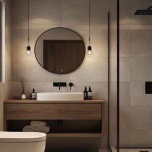 Modern Bathroom Design with Grey Tiles and Wooden Vanity