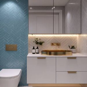 Modern Bathroom Design with Blue and White Herringbone Subway Tiles