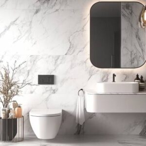 Minimalist Bathroom Design with White Marble Tiles and Pendant Lights