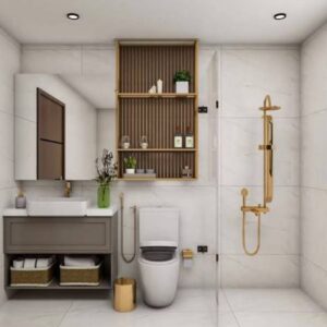 Contemporary Bathroom Design with Glam Brass Finish Fixtures