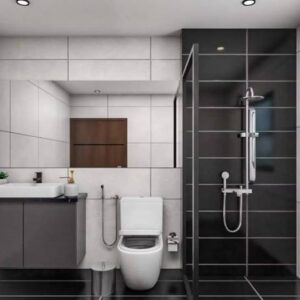 Modern Black and White Bathroom Design with Frameless Mirror