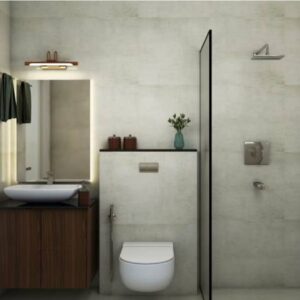Stylish Modern Bathroom Design with Glass Partition and Grey Tiles
