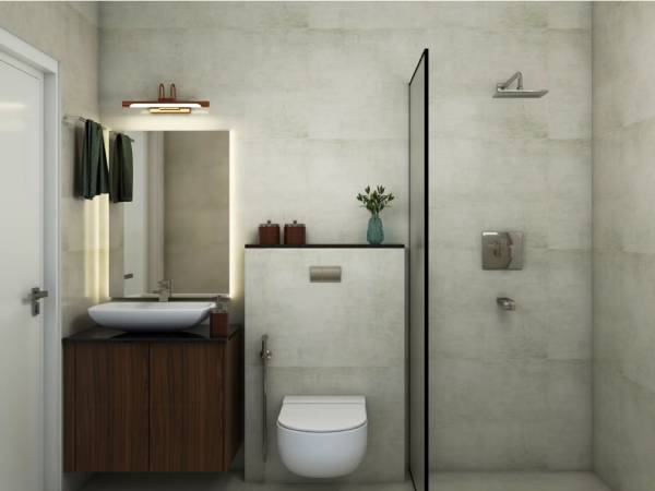 Stylish Modern Bathroom Design with Glass Partition and Grey Tiles