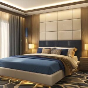 Modern Master Bedroom Design with Cream Fabric Walls