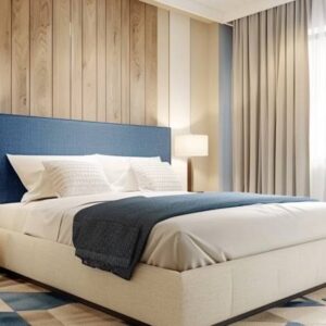 Minimal Master Bedroom Design with Blue Headboard King Bed