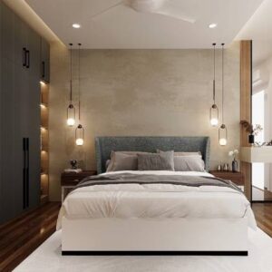 Modern Master Bedroom Design with Grey Fabricated Headboard King Bed