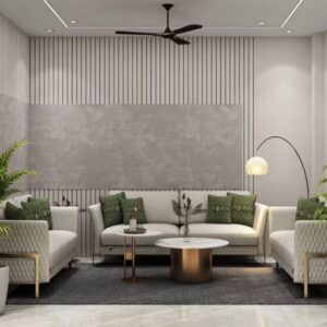 Modern Living Room Design with Cream Sofas and Textured Wall Paneling