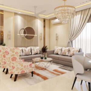 Contemporary Living Room Design with Grey Sofas and Floral Accent Chair