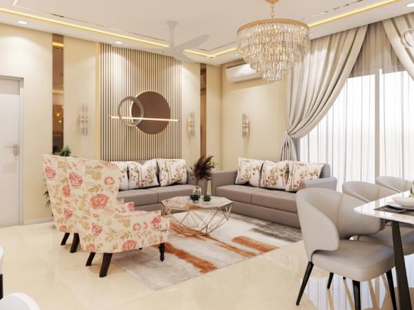 Contemporary Living Room Design with Grey Sofas and Floral Accent Chair
