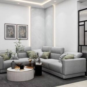 Modern Living Room Design with L-Shaped Sofa and Black Metal Partition