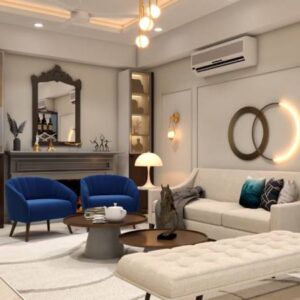 Modern Eclectic Living Room Design with Cream Sofa and Blue Accent Chai