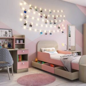 Modern Kids Bedroom Design with Study, Wardrobe, and Photo Lights