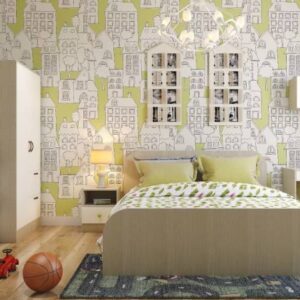 Modern Kids Bedroom Design with Study and Doodle Art Wallpaper