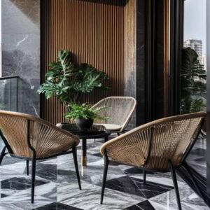 Modern Balcony Design with Wicker Chairs and Marble Tile Flooring