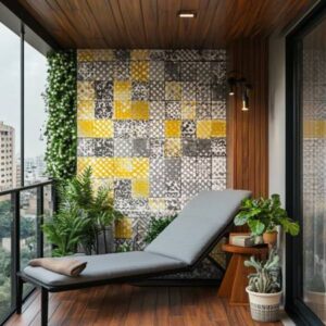 Modern Balcony Design with Tiled Accent Wall and Lounge