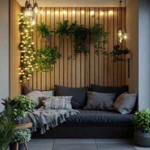 Scandinavian Balcony Design with Vertical Garden and Wooden Wall Panel