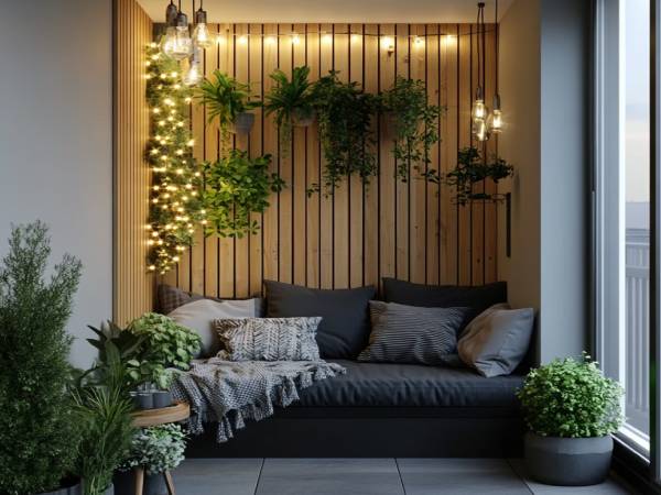Scandinavian Balcony Design with Vertical Garden and Wooden Wall Panel