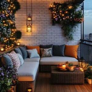 Rustic Balcony Design with Vertical Garden and Cozy Sofa