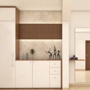 Modern Foyer Design with Tall Storage, Long Mirror, and LED Lighting